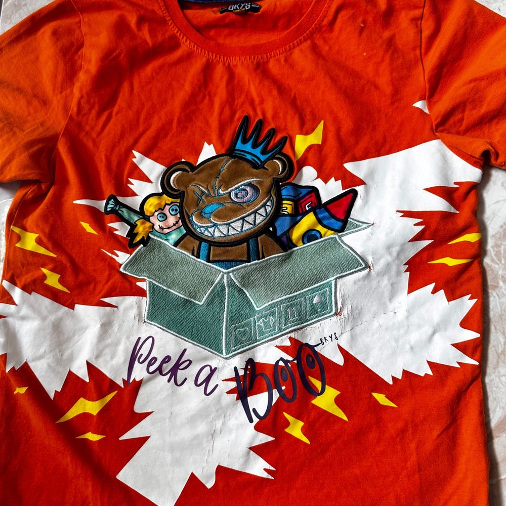 BKYS Orange Peek a Boo Graphic T-Shirt Bear Patch Streetwear Boys Size 14